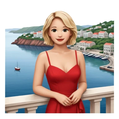 jennifer lawrence, closeup portrait , leaning on a balcony with a harbor and cityscape in the background, smiling, red dress  sticker