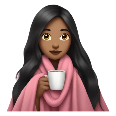 Girl with black long hair with long lashes with pink blanket on while drinking hot chocolate  sticker