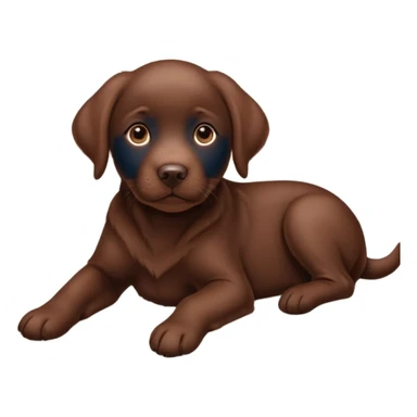 A chocolate Labrador Retriever puppy lying on a cozy carpet indoors, looking curious. Warm indoor light, realistic fur detail, shallow depth of field. sticker