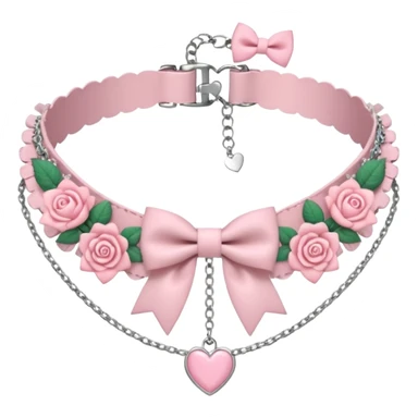 Pastel-baby-rose-pink Lolita-styled aesthetic cute kawaii choker-collar-necklace adorned with with white frills, roses, hearts, bow tie, silver chains,  sticker