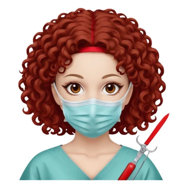 Lilith symbol seductress evil surgeon. Hair curly, and brown. Long curly brown hair. Red surgical mask and hair covering. She works for cartel and kills  with a scalpel. sticker