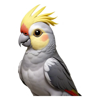 Cinematic Noble Cockatiel Portrait Emoji, Poised and regal, with a slender, delicate build and a beautifully groomed grey fur accented by vibrant yellow cheek patches and a graceful crest, deep-set soulful dark eyes, Simplified yet sharp and sophisticated features, highly detailed, glowing with a soft, dignified glow, high shine, intelligent and charming, stylized with an air of elegance, focused and attentive, soft glowing outline, capturing the essence of a watchful and confident avian companion, so majestic it feels as though it could flutter out of the screen with effortless authority! sticker