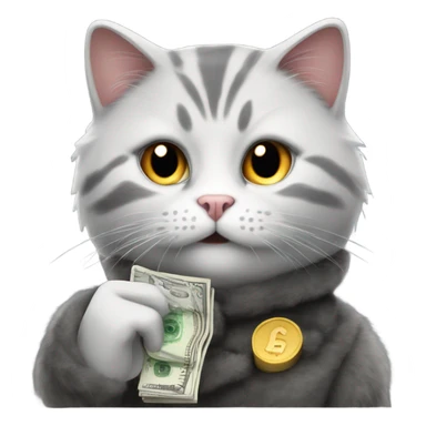 Grey and white domestic short hair cat in a fur coat smoking a cigarette and counting money  sticker