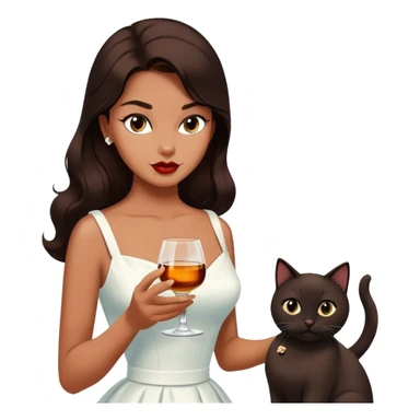 Beautiful woman in 1950’s woman fashion look, white dress, long dark brown hair, whisky with ice, black cat sticker