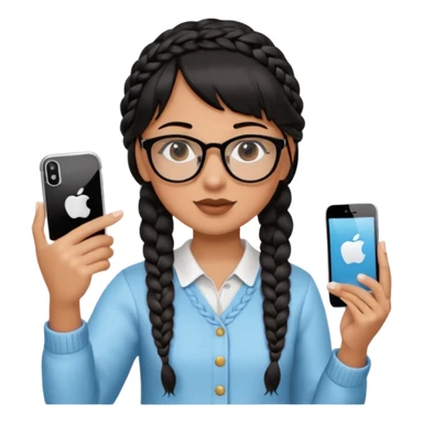 Black hair is braided to one side, braided to the left, and bangs, wearing horn-rimmed glasses, holding an iPhone white color and taking a mirror selfie so that Apple logo comes out sticker