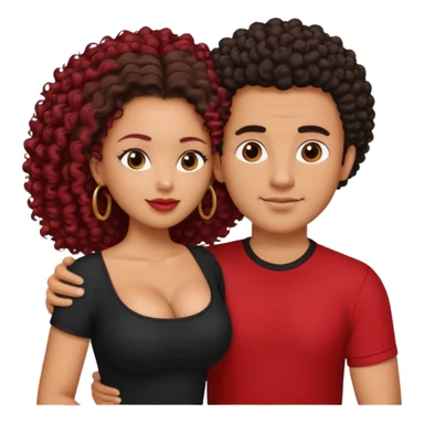A picture of a tanned couple embracing. the guy is Mexican, with a bald hair cut and he is wearing a red shirt. the girl is mixed, the girl is wearing a black shirt, the girl has brown curly big hair and with big boobs  sticker