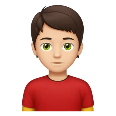 A portrait of a 14-year-old boy, he's got dark-brown hair, light brownish skin and green hazel eyes. he's wearing a red t-sirt with yellow sleeves. sticker