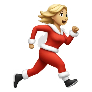 A white woman running, with a large stride and arms outstretched, in a santa costume sticker