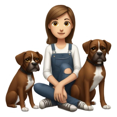 a girl with brown hair, sitting with two dark brown, boxer dogs sticker