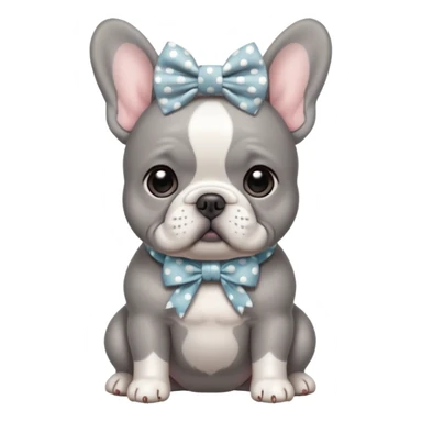Gray French bulldog puppy with white belly, wearing oversized polka dot bow sticker