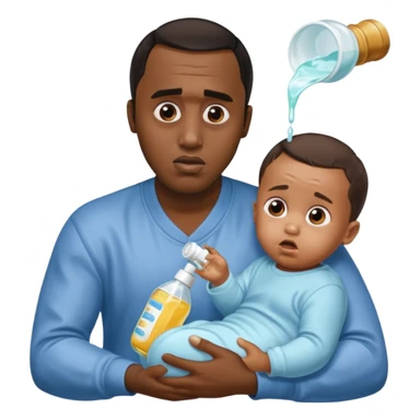 Sean “Diddy” Combs with baby oil and a very small infant and he’s pouring the baby oil on the baby and they have a scared face they’re really scared sticker