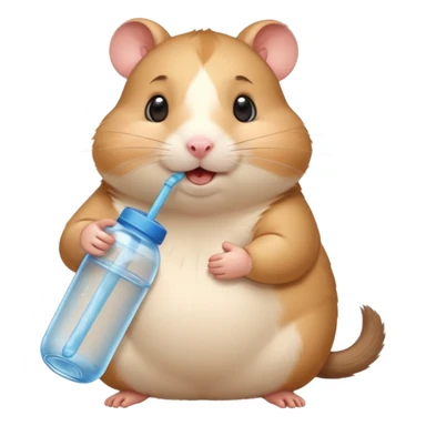 Cute chubby cartoon-style hamster hugging an oversized water bottle, sipping with tiny straw, happy expression. Painterly shading, expressive eyes, white background, sticker-style illustration sticker