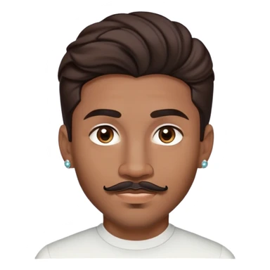 Young man with medium brown skin, mixed-race ethnicity, much longer wavy dark brown hair with a PERFECTLY CENTERED hair part that aligns EXACTLY with the middle of the face, mustache separated from goatee, medium brown eyes, very small diamond stud earrings in both ears, head only with absolutely no shoulders or torso sticker