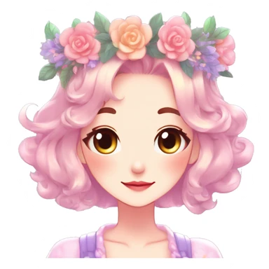Gorgeous Shiny Colorful Pastel Anime Style Mature Lady with blushing face and pretty hair with a flower crown and antlers pastelcore kawaii cottagecore fairycore aesthetic trending style sticker