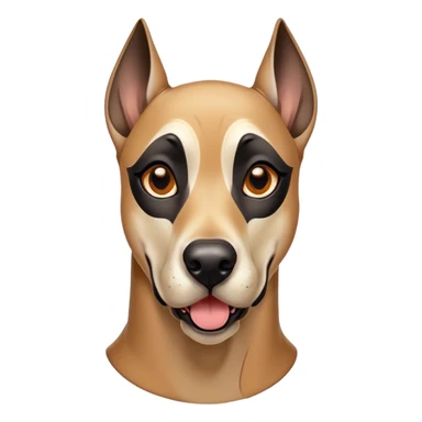 Cinematic Comical Fawn Great Dane Portrait Emoji, Head tilted dramatically with an exaggeratedly amused expression, featuring a sleek fawn coat with a subtle dark mask, wide, expressive amber eyes filled with playful disbelief, Simplified yet hilariously expressive features, highly detailed, glowing with a slightly sassy glow, high shine, dramatic yet playful, stylized with an air of cheeky mischief, bright and endearing, soft glowing outline, capturing the essence of a spirited and over-the-top guardian, so meme-worthy it feels like it could side-eye its way into internet fame instantly! sticker