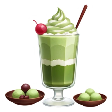 Japanese matcha parfait in a glass, with layers of green tea ice cream, red bean, mochi cubes, and whipped cream. Soft neutral background, cozy kissaten vibe. sticker