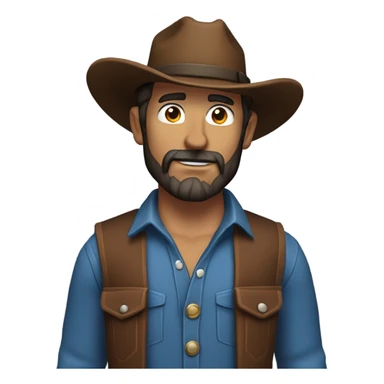 a rugged cowboy with a thick beard, wearing a blue vest over a classic western shirt and a brown belt with a silver buckle. He should have a confident stance, showing full torso sticker