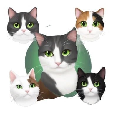 gray and white tuxedo cat with green eyes cuddling with long hair brown black and white calico cat with green eyes sticker