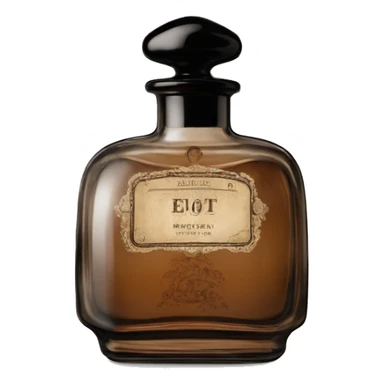 English vintage glass perfume bottle from my aristocratic grandmother, exquisite bottle shape, old and shabby, with label, stylish and minimalistic, black and brown sticker