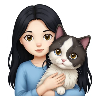 A girl with long black hair holding a cute ragdoll cat sticker