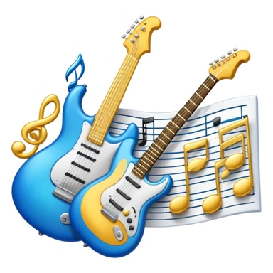 Create an elegant and dynamic emoji that represents music arrangement and orchestration. The design should feature musical notes, a synthesizer, drums, and an electric guitar, symbolizing the diverse instruments used in arranging and orchestrating music. Incorporate flowing lines to represent harmony and rhythm, with a subtle representation of sheet music. Use a combination of vibrant and classic colors like electric blue, gold, and silver, blending the electronic and traditional aspects of arrangement. The background should be transparent. sticker