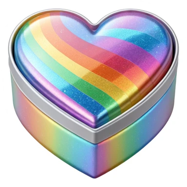 3D isolated, rendering, 8k resolution, 1x1, 8000x8000 pixels, transparent background, no emoji faces, Heart shaped box wrapped in silver metallic paper with 3D appearance holographic rainbow prismatic effect glitter cute sticker