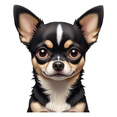 Cinematic Grumpy Black Tri Short Haired Chihuahua Portrait Emoji, Head tilted slightly with a deeply unimpressed expression, thick black tri-color fur with prominent white and tan patches, large, droopy dark eyes narrowed into an unamused glare, ears slightly drooping in exasperation, Simplified yet comically expressive features, highly detailed, glowing with a dry, sarcastic glow, high shine, effortlessly judgmental yet dignified, stylized with a touch of cynicism, bright but brooding, soft glowing outline, capturing the essence of an eternally unimpressed yet endearing pup, so lifelike it feels like it could sigh heavily at you in disdain at any moment! sticker