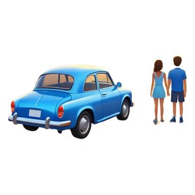 A parked blue car sits quietly on the side of an open road, facing a breathtaking sunset. Two people stand outside, backs turned, watching the horizon. The road stretches endlessly ahead, surrounded by a peaceful, glowing landscape full of light, warmth, and possibilit sticker