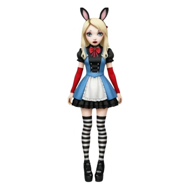  3d rendering, ultra detailed, Alice in wonderland modern style in a punk gothic style outfit, stripped knee high socks, gothic platform heels, long blonde hair, eyeliner, red lipstick, falling through rabbit hole,  still life image, transparent background
 sticker