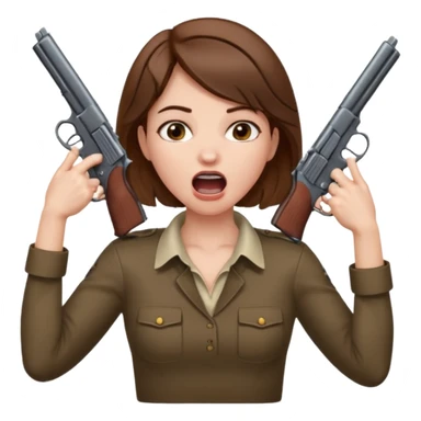 the woman emoji with brown hair and white skin choking herself  with both hands around her neck with her mouth open and two arms from behind her holding a gun in each hand point directly at her head sticker