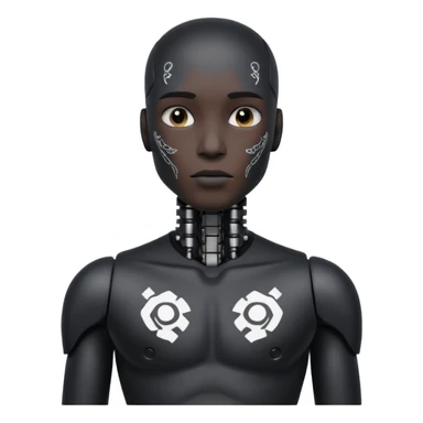 black Tatooed robot, big many tatooes on chest, neck and face, white tatoo on face sticker