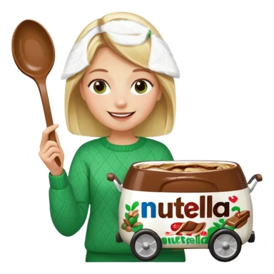 Blond woman with white and green pullover holds in one hand a big carriage of Nutella and in the other hand a oversized spoon which is in the carriage of Nutella sticker