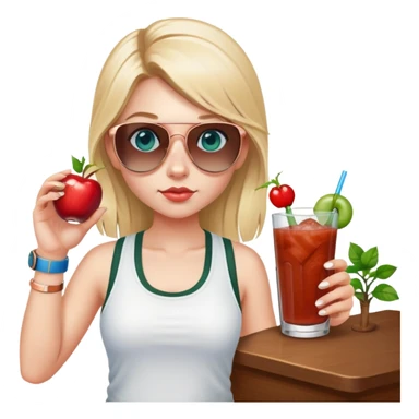 girl with long blond pig tailed hair
with blue eyes
and aviator sunglasses
wearing white tank top 
holding bloody mary
wearing (rose gold apple watch with forest green band) sticker
