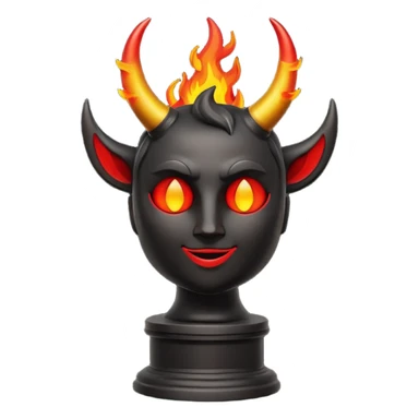Minimalist emoji-style sticker of an Oscar-like statue with horns and fire at the base, thick black and red colors, silhouette style sticker