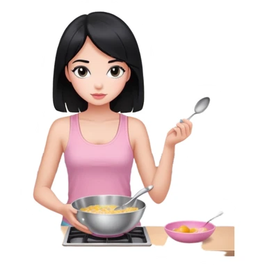 girl with black hair and black eyes white tone skin wearing pink pastel tanktop, and holding a silver bowl cooking or mixing something sticker