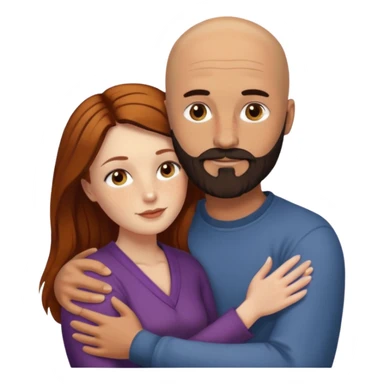 Couple. Bald man with dark brown-black beard. White woman with many small, faded freckles, she has white skin and she has auburn-yellow-brown-cinnamon, dark long hair. She has light brown eyes. The man have hazel eyes. Retro style. They hug. sticker