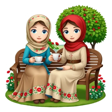 Turkish beautiful finish Konya girls blue eyes with Beautiful beige red green floral hijab long tail dress and this two friends sit in a lovely garden on the chair on the ground and holds cup coffe with her hand  sticker