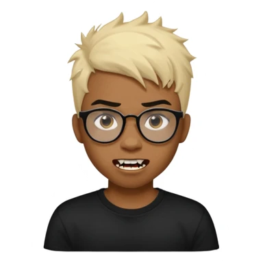 Black Male Teenager with Short punk messy blonde hair, Dark brown bushy eyebrows large expressive golden-brown eyes, wearing a plain white t-shirt, wearing thick black glasses, Dark Brown skin color. Showing off his vampire tooth sticker