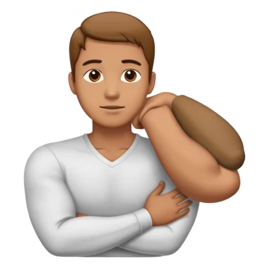 Man crossing arms holding neck sticker