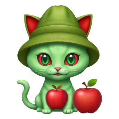 An alien cat with a red apple hat with cash all around it sticker