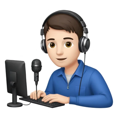 Man with headphones and microphone with computer. Operator sticker