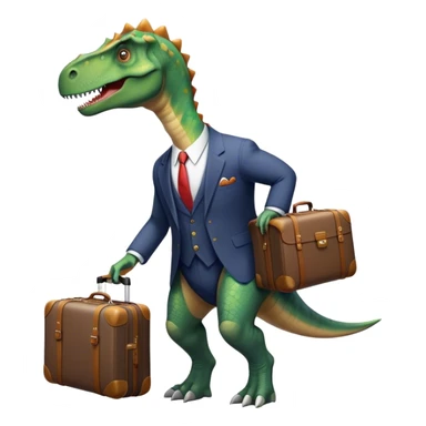 office Dinosaur in a suit, a huge luggage full of papers, trip sticker