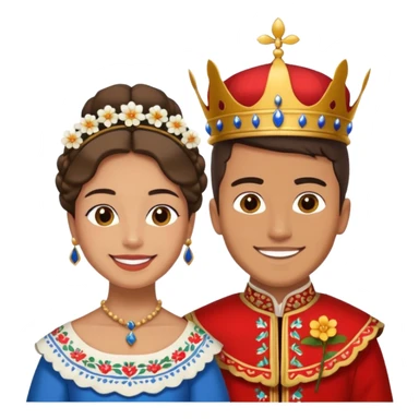 handsome young man next to the Queen of the Huerta 2024 in Murcia, both smiling, wearing traditional Murcian costumes with huerta flowers sticker
