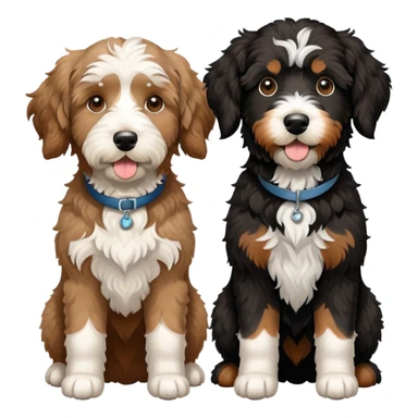 2 dogs: one light brown Aussiedoodle, one all-black Bernedoodle with white eyebrows some white markings, no brown coloring. Both same size. sticker
