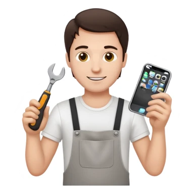 make a white guy with dark brown hair, with a simple white o grey shirt, repairing an iphone happy, tecnician with small tools sticker