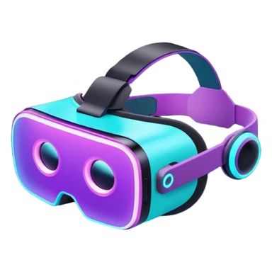 Futuristic glowing neon VR headset, purple and cyan light, dark background, digital tech style sticker