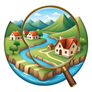 An icon featuring a magnifying glass over a local map, with a small village, traditional house, and natural landmarks like a river and hill, symbolizing local history and geography. Transparent background highlights the study of native land, culture, and heritage. sticker