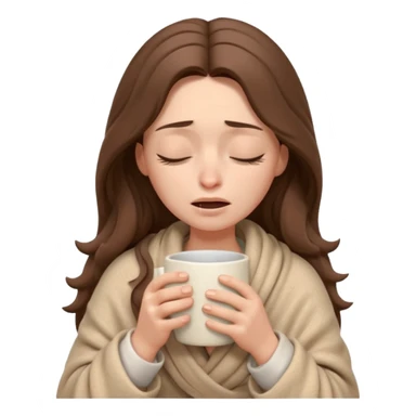 emoji-style illustration of a crying relaxed woman with long wavy brown hair, wrapped in a cozy beige blanket, holding a mug cup, eyes closed, sad and a bit anxious expression, soft 3D cartoon rendering, warm and comforting mood, plain background
 sticker