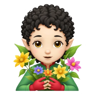 baby elf black curly hair with pointy ears, hold flowers sticker