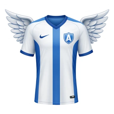 Blue and white soccer jersey with an angel symbol on the front sticker